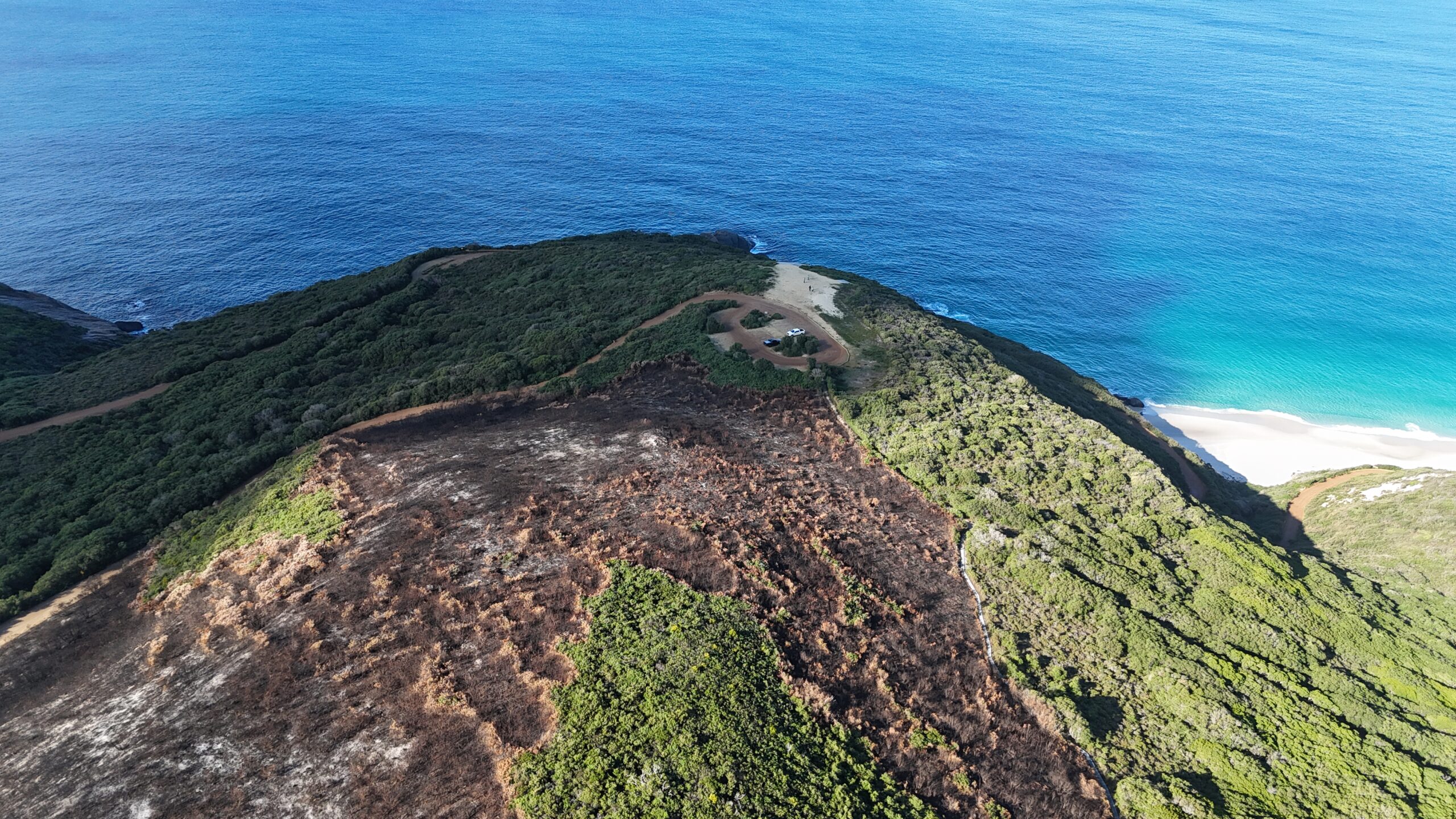 Aerial image of Shelley Beach Lookout, popular with tourists. Minimal burning surrounds the lookout