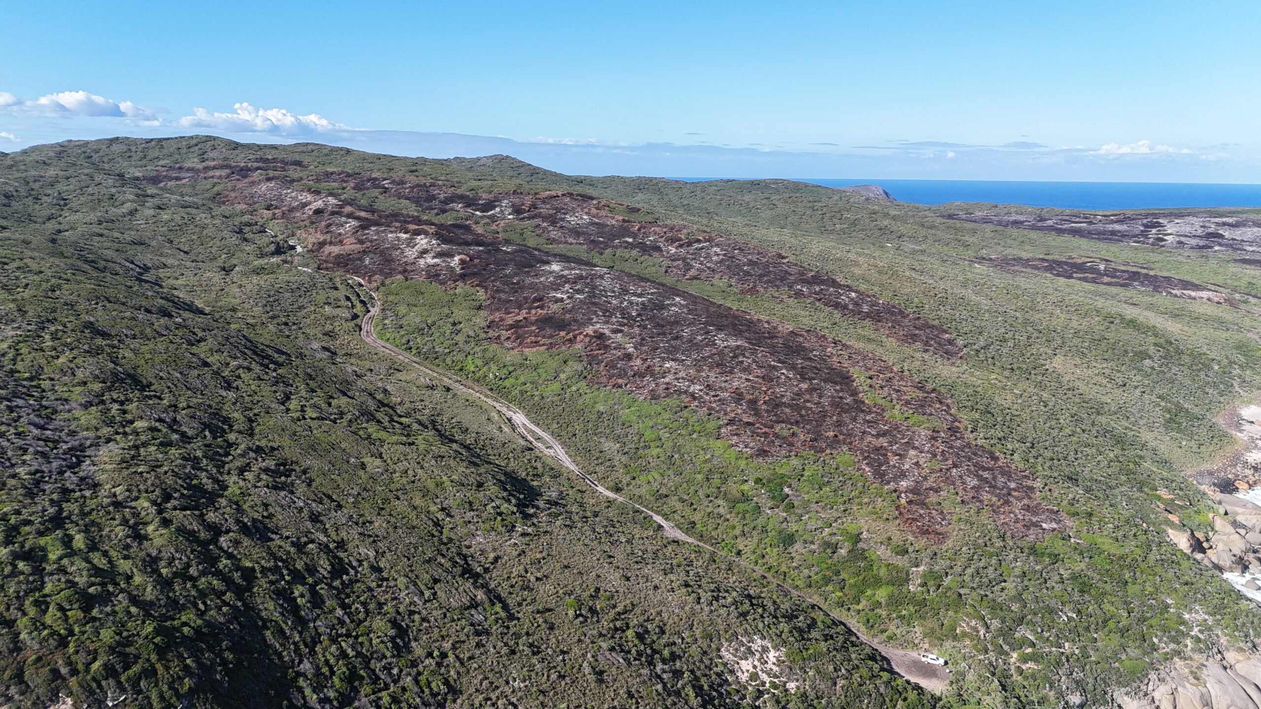 Aerial image above West Cape Howe showing the mosaic of burnt and unburnt areas.