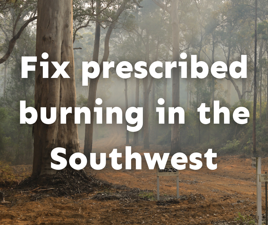A smokey forest with text overlaid that reads Fix Prescribed burning in the southwest