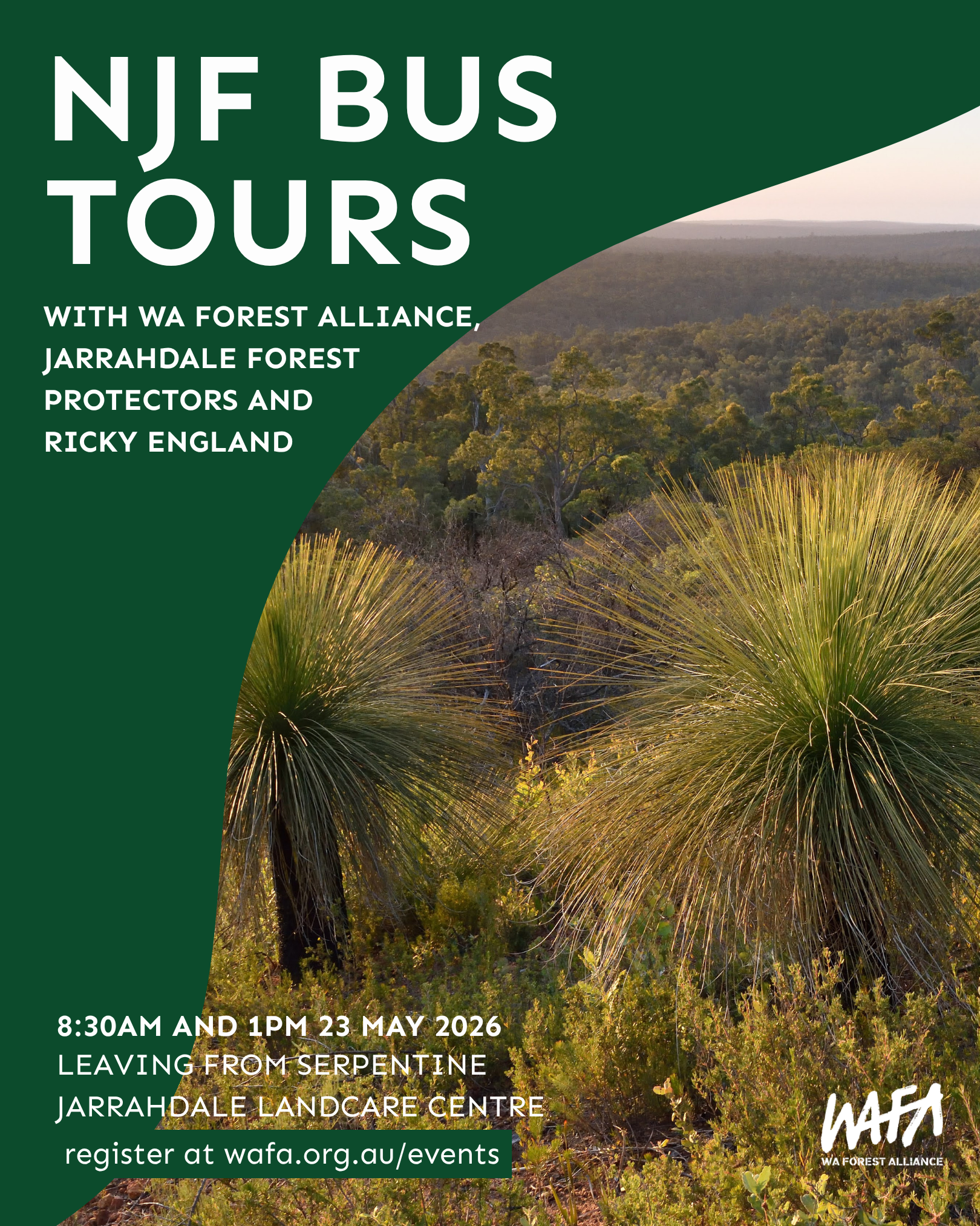 Decorative image of the Northern Jarrah Forest with information about the bus tours